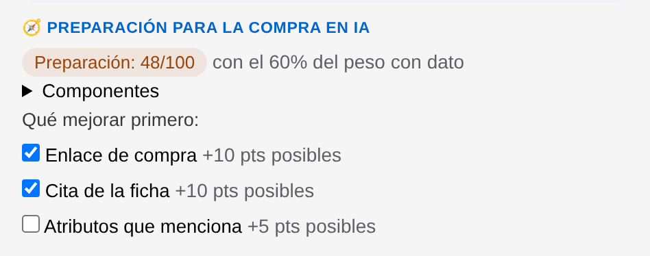 Bloque «Preparación para la compra en IA» de la misma ficha, con lo que conviene mejorar primero. Datos ficticios.
