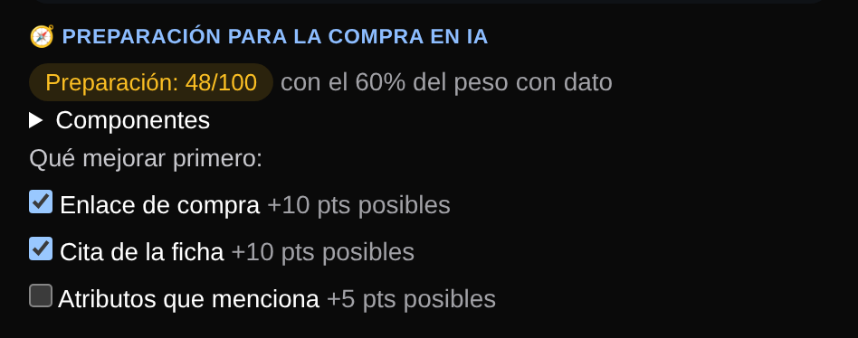 Bloque «Preparación para la compra en IA» de la misma ficha, con lo que conviene mejorar primero. Datos ficticios.
